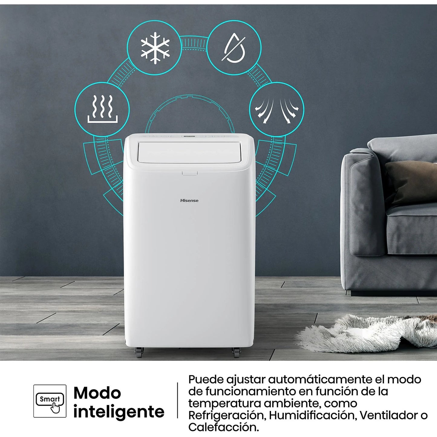 Aire acondicionado portátil – Hisense APC09QC, 2236 fg/h, 3 velocidades, Deshumidificador, Super Cool, Mando a distancia, Kit Ventana, Wi-Fi, Blanco