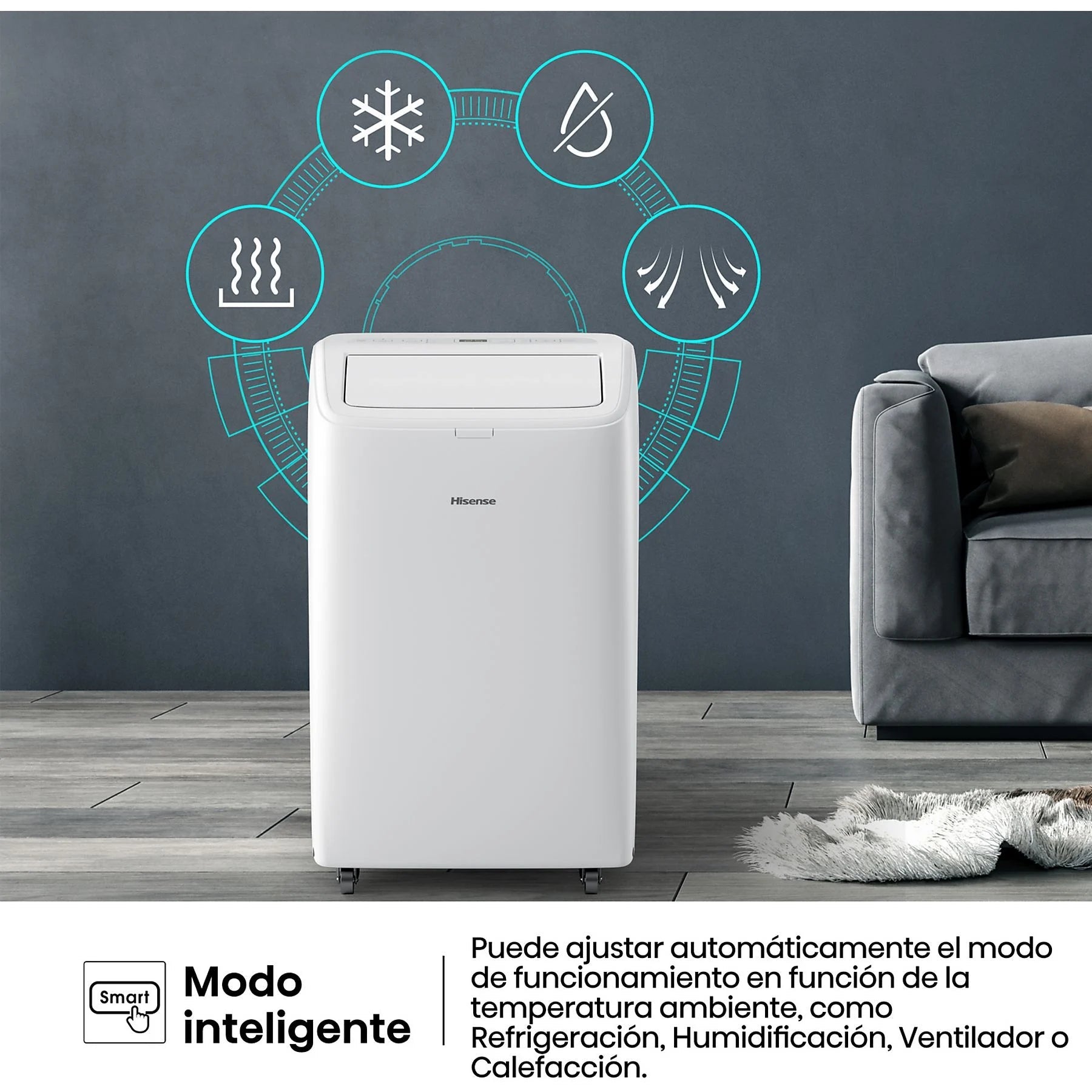 Aire acondicionado portátil – Hisense APC09QC, 2236 fg/h, 3 velocidades, Deshumidificador, Super Cool, Mando a distancia, Kit Ventana, Wi-Fi, Blanco