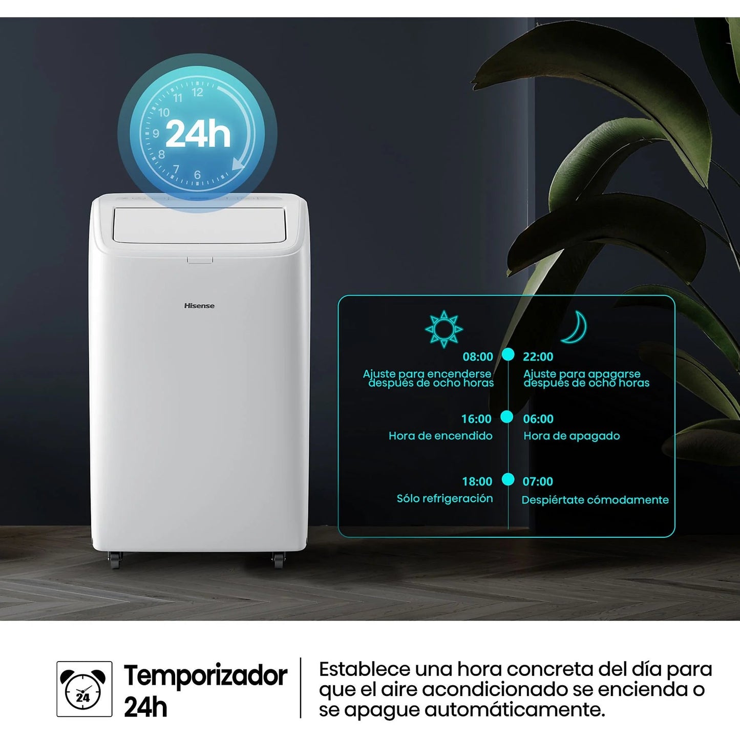 Aire acondicionado portátil – Hisense APC09QC, 2236 fg/h, 3 velocidades, Deshumidificador, Super Cool, Mando a distancia, Kit Ventana, Wi-Fi, Blanco