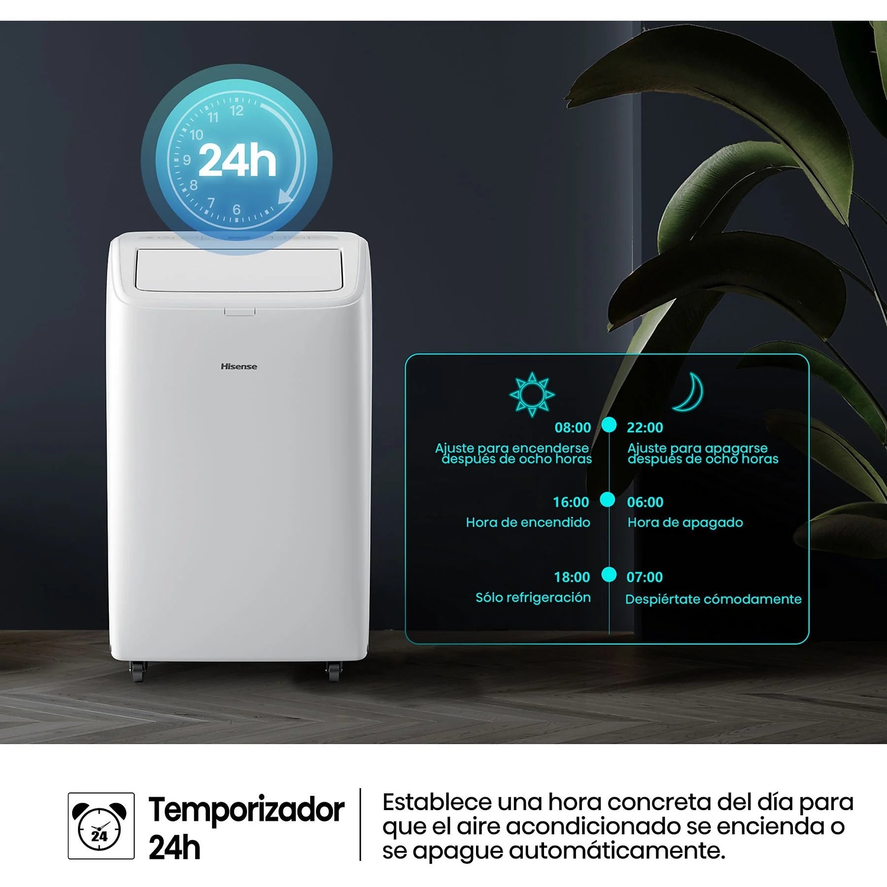 Aire acondicionado portátil – Hisense APC09QC, 2236 fg/h, 3 velocidades, Deshumidificador, Super Cool, Mando a distancia, Kit Ventana, Wi-Fi, Blanco