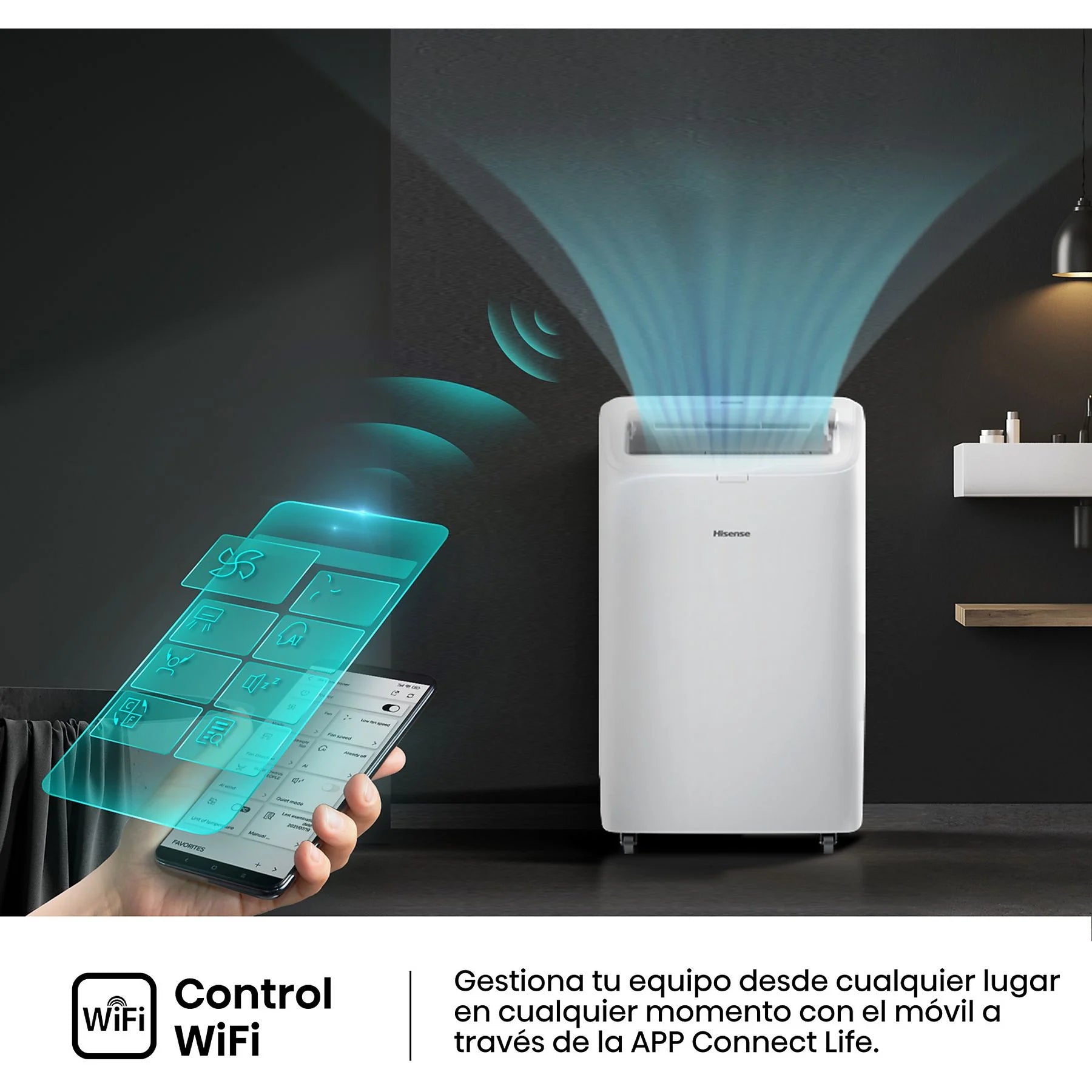 Aire acondicionado portátil – Hisense APC09QC, 2236 fg/h, 3 velocidades, Deshumidificador, Super Cool, Mando a distancia, Kit Ventana, Wi-Fi, Blanco