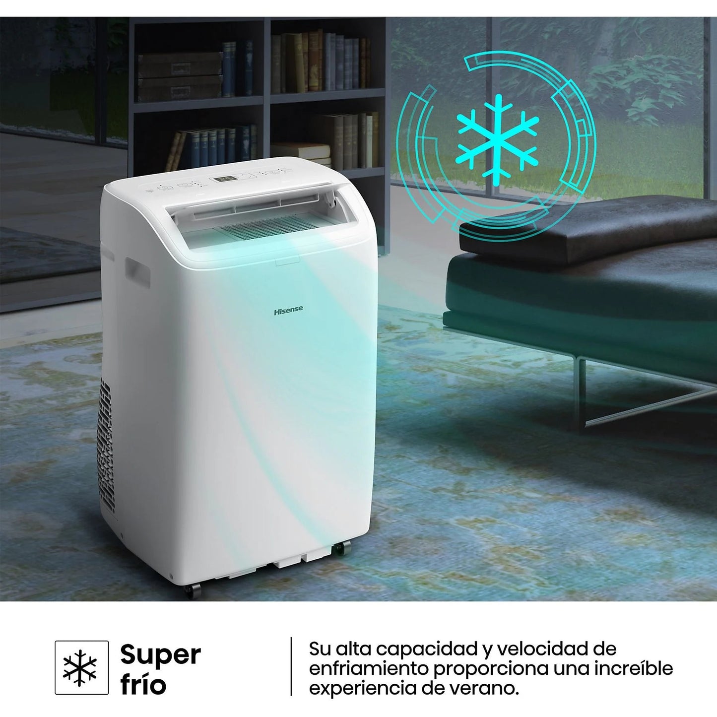 Aire acondicionado portátil – Hisense APC09QC, 2236 fg/h, 3 velocidades, Deshumidificador, Super Cool, Mando a distancia, Kit Ventana, Wi-Fi, Blanco